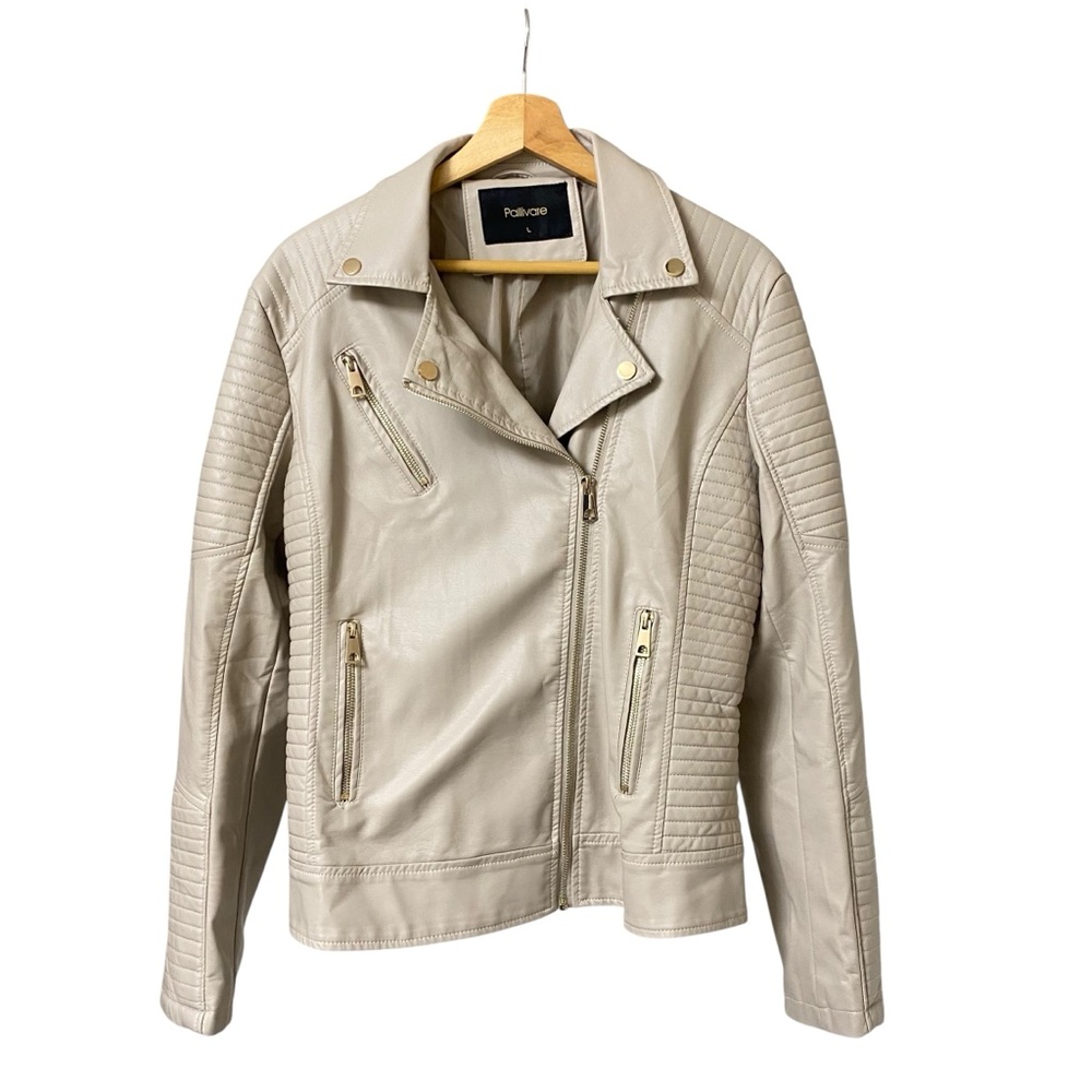 Pallivare cream beige faux leather moto biker zip up jacket minimalist neutral L